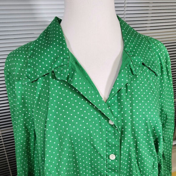 Lane Bryant $60 18/20 Green Polka Dot 3/4 Sleeve Collared Cotton Blend Button Up - Picture 2 of 8